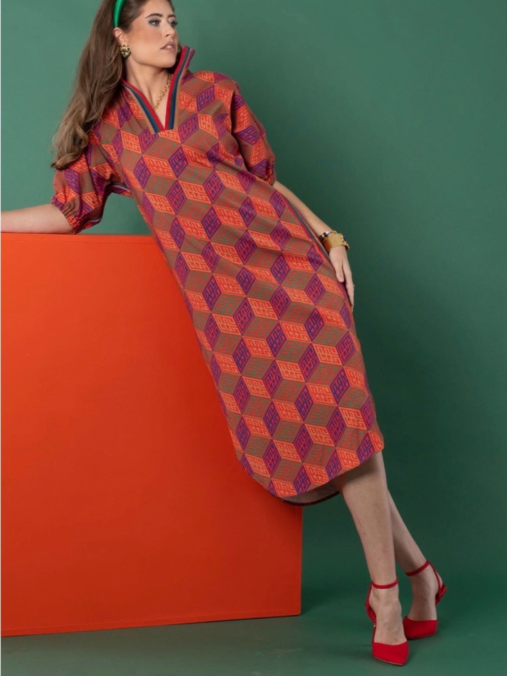 New Emily McCarthy Geometric Print Short Poppy Kraftan Sleeve Midi Dress